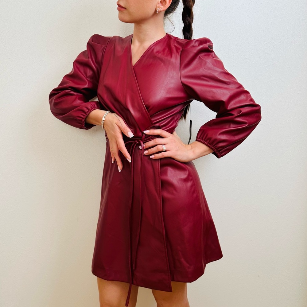 New BCBG Paris Mini Wrap Dress Bordeaux Faux Leather - Picture 1 of 11